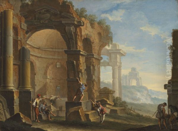 A capriccio with figures conversing by classical ruins - view 1