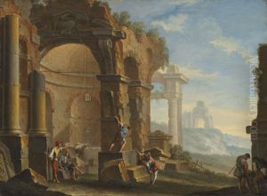 A capriccio with figures conversing by classical ruins by Sebastiano Ricci
