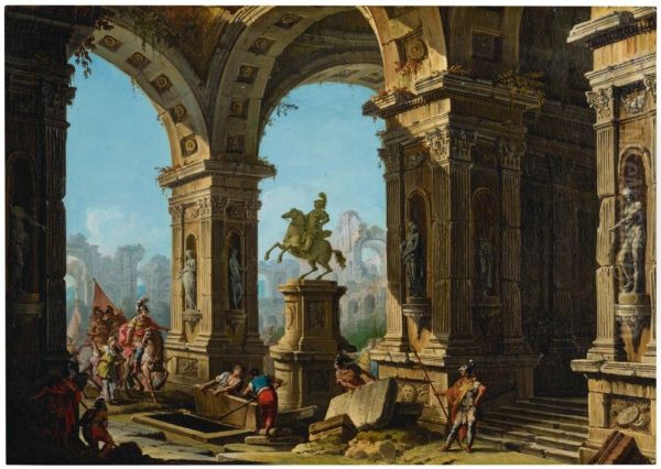 A capriccio view of a classical portico with Alexander The Great before the tomb of Achilles - view 1