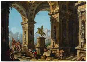 A capriccio view of a classical portico with Alexander The Great before the tomb of Achilles