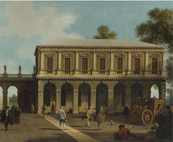 A Capriccio of the prisons of San Marco set in a piazza with a coach and townsfolk - view 1