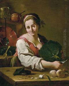 A cook in a kitchen by Pietro Domenico Olivero