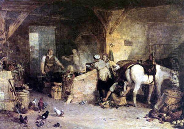 Depiction of blacksmith debating price of iron. - view 1