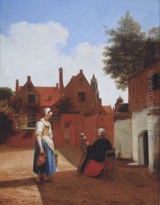 a Woman spinning by Pieter De Hooch