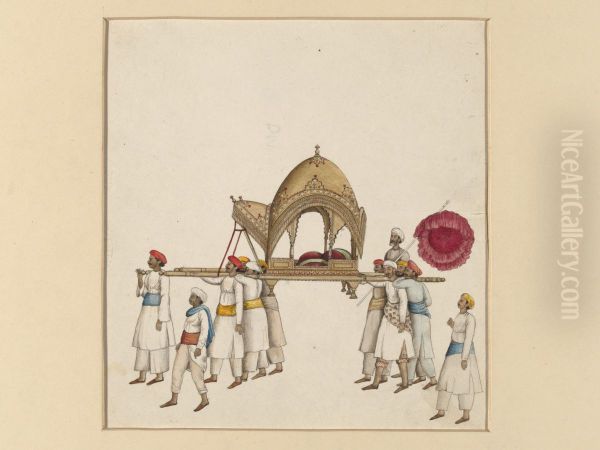 A covered sedan chair being carried by eight or nine men, wearing white with various coloured sashes and turbans - view 1