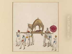A covered sedan chair being carried by eight or nine men, wearing white with various coloured sashes and turbans