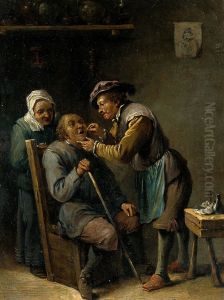 A dental surgeon treating a seated man. by David Teniers the Younger