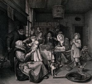 A family group gathered around a fireside table singing and playing musical instruments. by Jan Steen