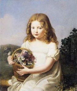 Portrait d'enfant tenant un panier de fleurs