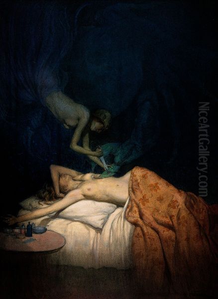 A giant claw pierces the breast of a sleeping naked woman, another naked woman swoops down and stabs the claw with a knife - view 1