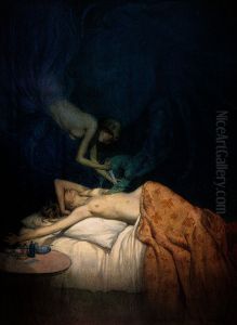 A giant claw pierces the breast of a sleeping naked woman, another naked woman swoops down and stabs the claw with a knife by Richard Tennant Cooper
