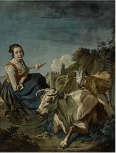 A Girl with Cow and a Sheep in a rocky Landscape