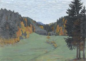 Herbstliche Waldlichtung In Hugeliger Landschaft by Emil Cardinaux