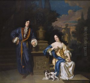 A gentleman and a lady in a park by Jan Verkolje