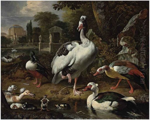 A grey and white crested goose, a shoveler, a Muscovy duck, goslings, ducklings and other fowl in a park, elegant buildings beyond - view 1