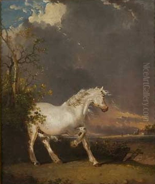 A horse in a landscape startled by lightning - view 1