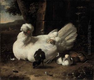 A hen with chicks in a landscape