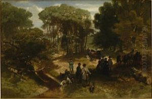 Jagershalte in een bos. by Charles Rochussen