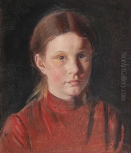 Portrait of a little girl in a red dress. by Michael Peter Ancher