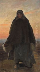 Merry Elsie walking home across the heath in the evening light. by Michael Peter Ancher