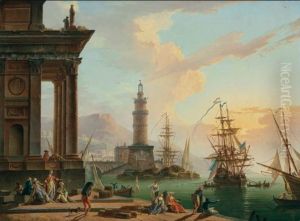 A Mediterranean port with elegant figures in oriental costume and fisherfolk on the shore, a Dutch man-o-war beyond