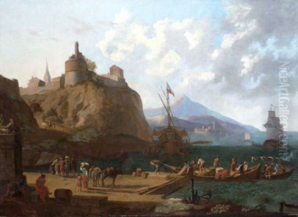 A mediterranian harbour scene beneath a fort - view 1