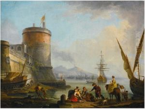 A MEDITERRANEAN HARBOUR SCENE WITH FISHMONGERS AND AN ELEGANT LADY ON HORSEBACK, SHIPPING AND FISHERMEN NEARBY A FORTIFIED QUAY by Jean-Baptiste Lallemand
