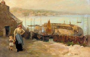 A Mother and Child Before Newlyn Harbour by Harry Tuck