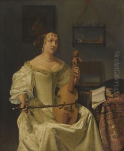 A lady elegantly attired in a silk dress playing a treble viola da gamba in an interior