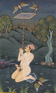 A man ejaculating, while holding a net for vagina-birds.