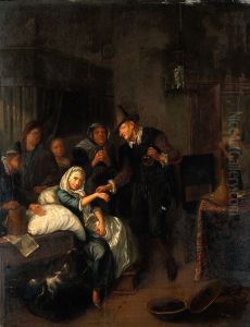 A medical practitioner taking a girl's pulse and holding a flask of her urine, with four other figures on the left and a maid opening a door on the right. A medical practitioner taking a girl's pulse and holding a flask of her urine, with four other figures on the left and a maid opening a door on the right.