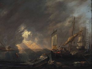 A Mediterranean coast at dawn with a galliot preparing to unload its cargo, a frigate being caulked beyond