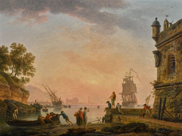 A Mediterranean harbour scene at sunset, with fishermen pushing off a rowing boat beside a fortress, a British warship beyond - view 1