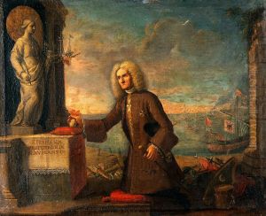 A man presenting a votive offering to Saint Ferma, protector of navigators.