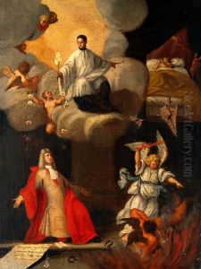 A man praying to a saint to assist in the cure of a sick child, devils departing.