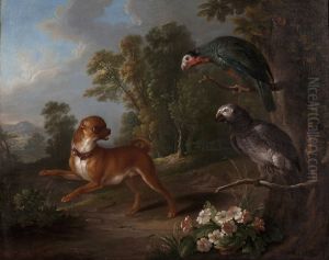 A miniature pug and two African grey parrots in a landscape by Christophe Huet
