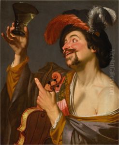 A merry violinist holding a roemer by Gerard van Honthorst