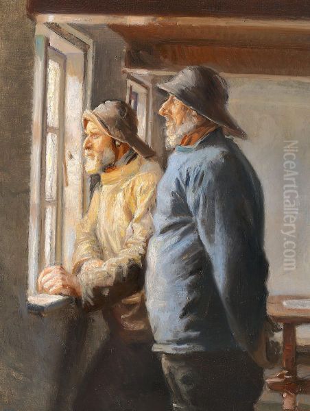Two fishermen of Skagen watching the sea through a window. - view 1
