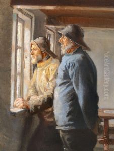 Two fishermen of Skagen watching the sea through a window. by Michael Peter Ancher