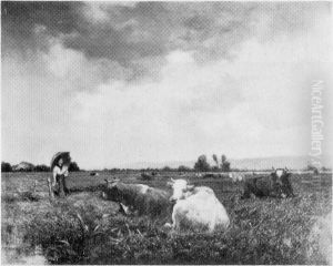 Een weide bij Reville (Normandie) bij regen. by Edouard Hamman