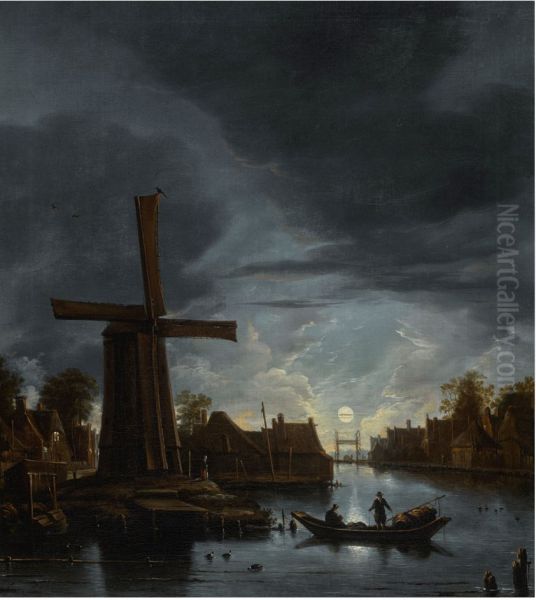 A MOONLIT RIVER LANDSCAPE WITH FISHERMEN NEAR A WINDMILL - view 1