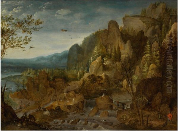 A Mountainous Landscape with a Foundry and Blast Furnace by a Cascading Waterfall - view 1