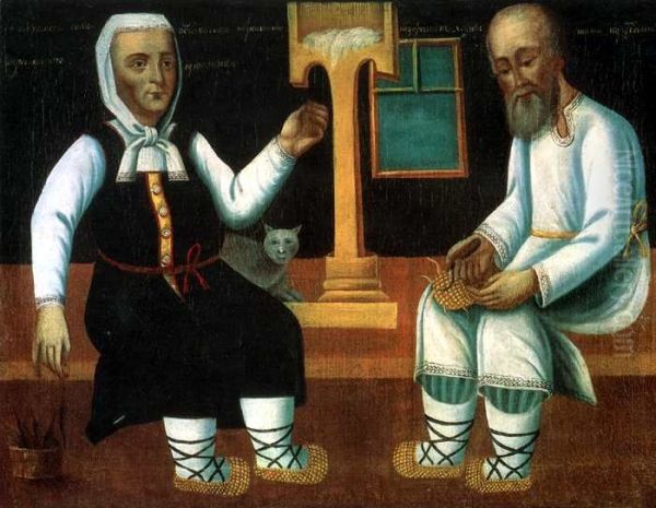 A Muzhik Botching the Bast Shoes, an Old Woman Spinning Thread - view 1