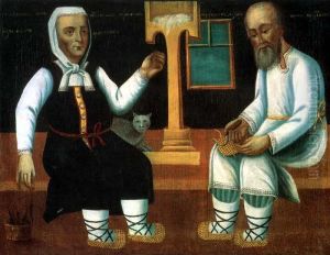 A Muzhik Botching the Bast Shoes, an Old Woman Spinning Thread by unknown