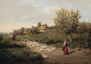Droving geese across a bridge.