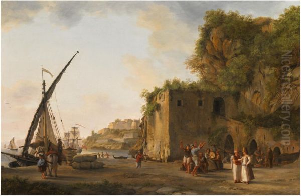 A port with Maltese merchants and sailors, the fort of Gaeta beyond - view 1
