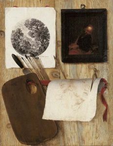 A palette with a spatula and paint brushes, an engraving, an oil painting, and a drawing with a pen and compass on a wooden partition an engraving by Jean Francois de le Motte