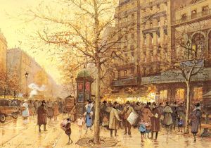 A Paris Street Scene by Eugene Galien-Laloue