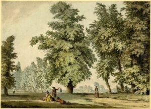 A park scene, with a group of two ladies and a man seated on the grass by Samuel Hieronymus Grimm