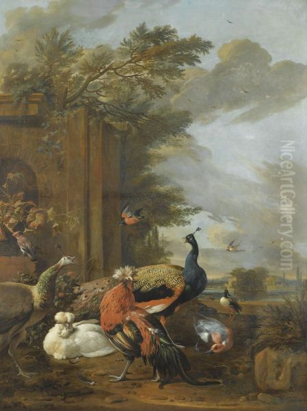 A peacock, a peahen, a jay, a swallow, a kingfisher, a mallard, ducks and hens in an elegant parkland setting - view 1